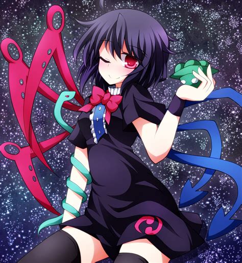 Safebooru Asymmetrical Wings Black Hair Black Legwear Dress Houjuu Nue Red Eyes Short Hair