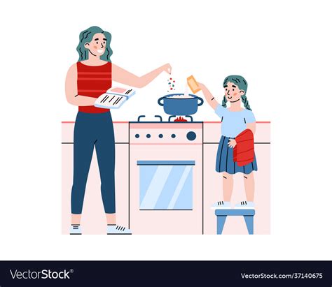 Mother And Daughter Cooking In Kitchen Cartoon Vector Image