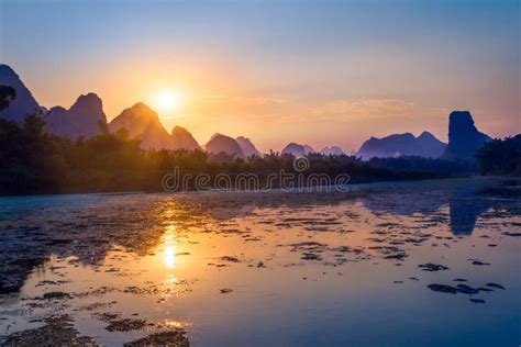 Li River Sunset Yangshuo China Stock Image Image Of Limestone