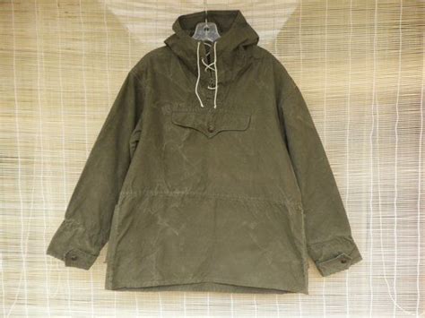 Vintage 1940s Army Green Canvas Hooded Pullover Anorak With Front