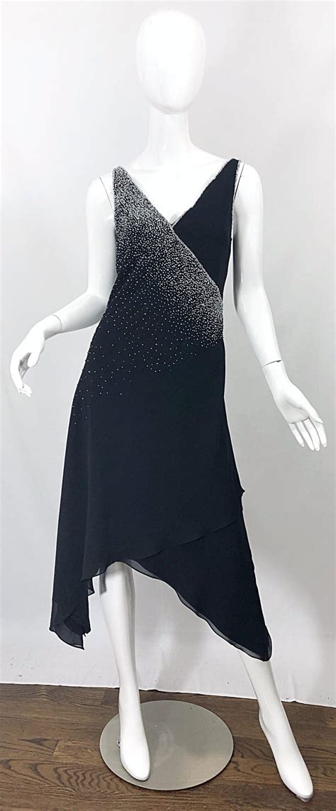 Vintage Bob Mackie Size 8 Black 1990s Silk Chiffon Beaded Hi Lo 90s Dress For Sale At 1stdibs