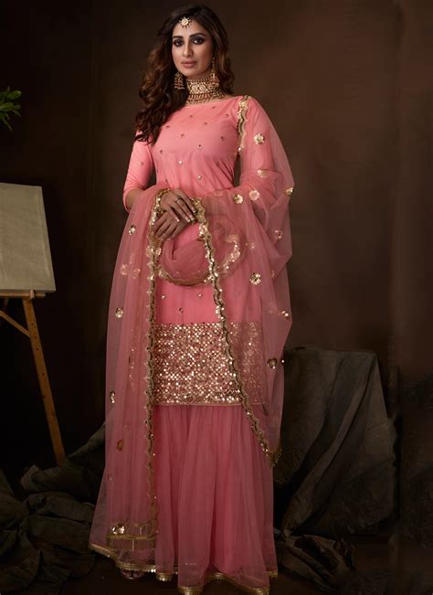 Buy Pink Embroidered Ceremonial Palazzo Salwar Kameez Online 164508