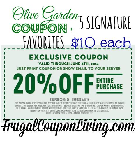 Olive garden issues coupon codes a little less frequently than other websites. Olive Garden Coupon |20% OFF the Entire Table + $10 Favorites
