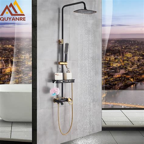 Quyanre Matte Black Gold Shower Faucet Set Bathroom Rainfall Shower System With Shelf 3 Way