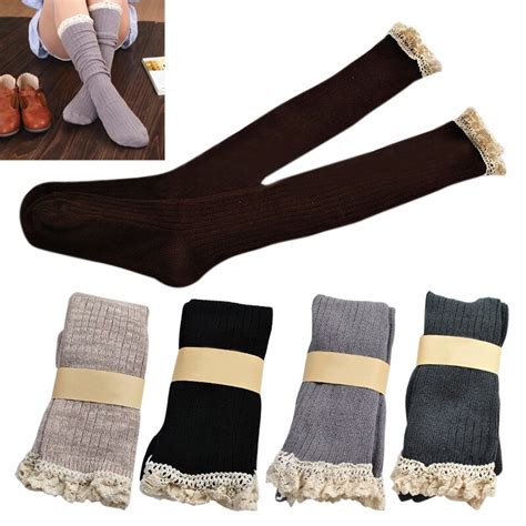 New Lace Over Knee Socks Women Trimmed Leg Warmers Knee High Stretch