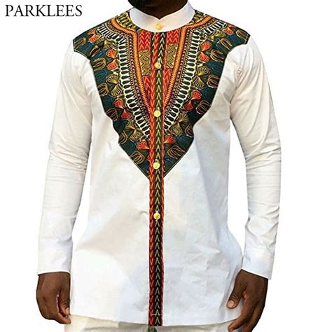 White African Print Dashiki Shirt Men Casual Slim Fit Stand Collar Mens