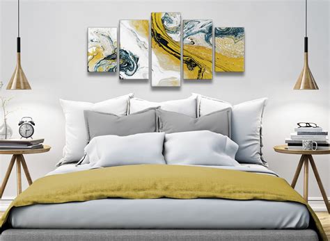 Mustard Yellow And Teal Swirl Bedroom Canvas Pictures