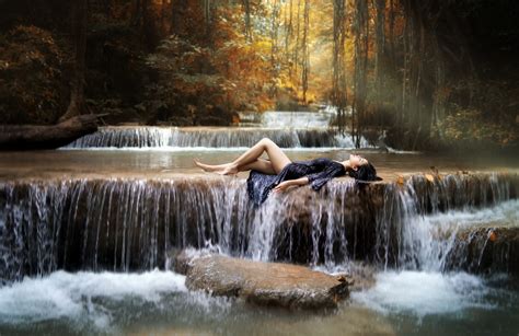 wallpaper water model waterfall closed eyes women outdoors nature barefoot 2048x1330