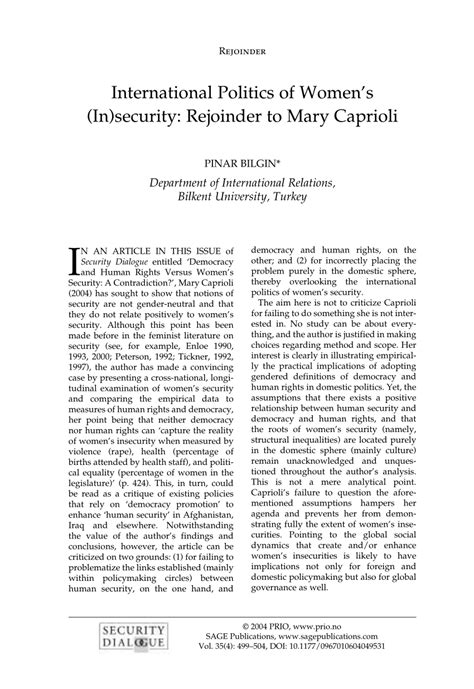 Pdf International Politics Of Womens Insecurity Rejoinder To Mary Caprioli