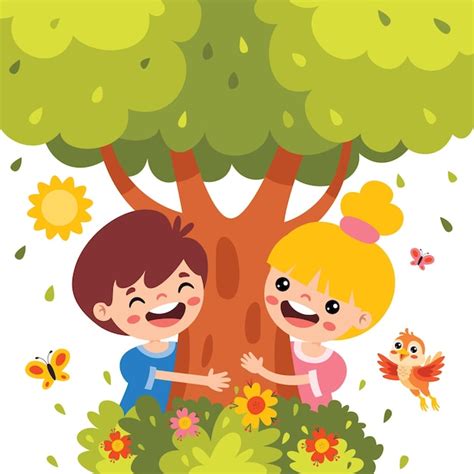 Premium Vector Cartoon Children Playing Under Tree