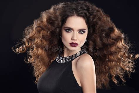 Hairstyle Curly Hair Fashion Brunette Girl With Long Curly Hair Beauty Makeup Stock Image