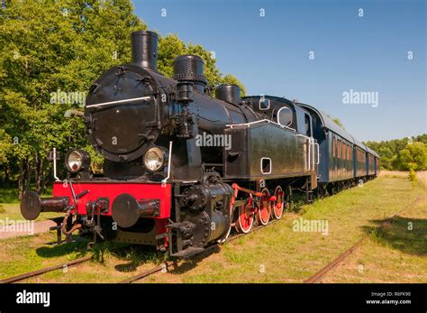 Antique Black Locomotive Front View In Bialowieza Museum Poland Stock