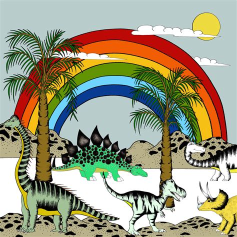 Print Rainbow Dinosaur Dreaming Square Print Dino Raw