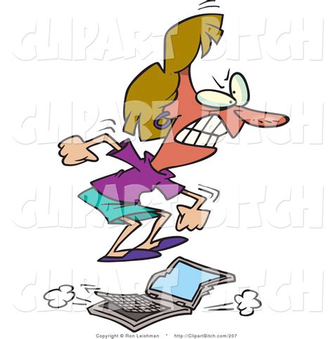 Clip Vector Cartoon Art Of A Furious Woman Jumping On A Laptop Computer