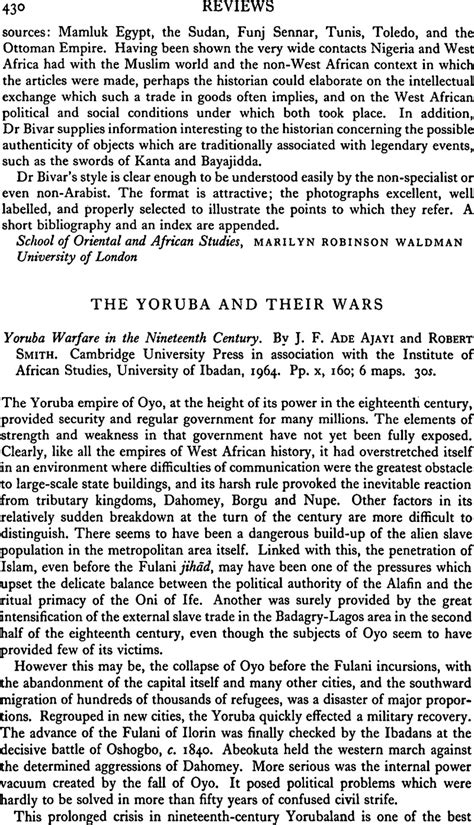 The Yoruba And Their Wars Yoruba Warfare In The Nineteenth Century
