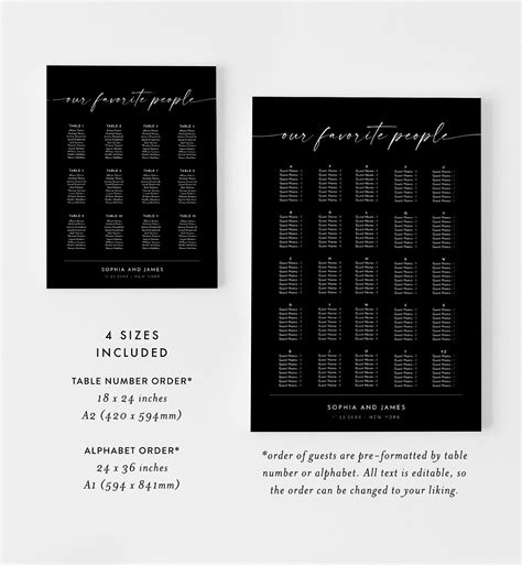 Classic Black Seating Chart Poster Minimalist Wedding Seating Sign Instant Download Editable