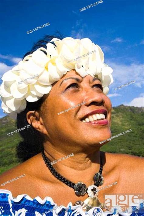 Close Up Of A Woman In Traditional Polynesian Dress Moorea Tahiti