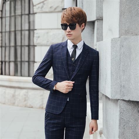 New 2018 Check Desin Navy Men Suit Fashion British Style Suit Set Man