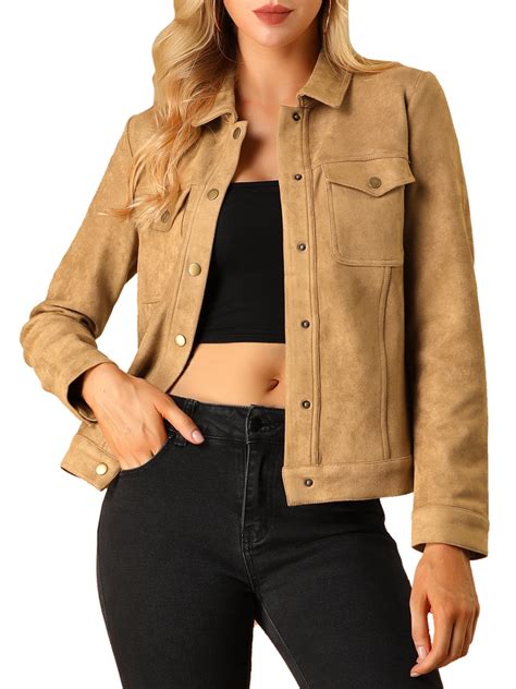 Unique Bargains Womens Flap Pockets Vintage Faux Suede Trucker