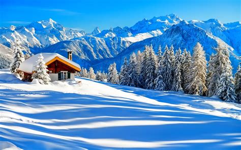 Winter Snow House Trees Nature Forest Mountains Sky White