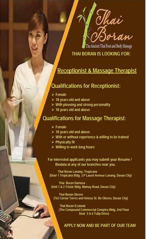 Job Hiring Receptionist And Massage Therapist For Thai Boran Davao Life