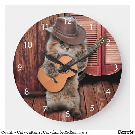 Country Cat Guitarist Cat Funny Cat Large Clock