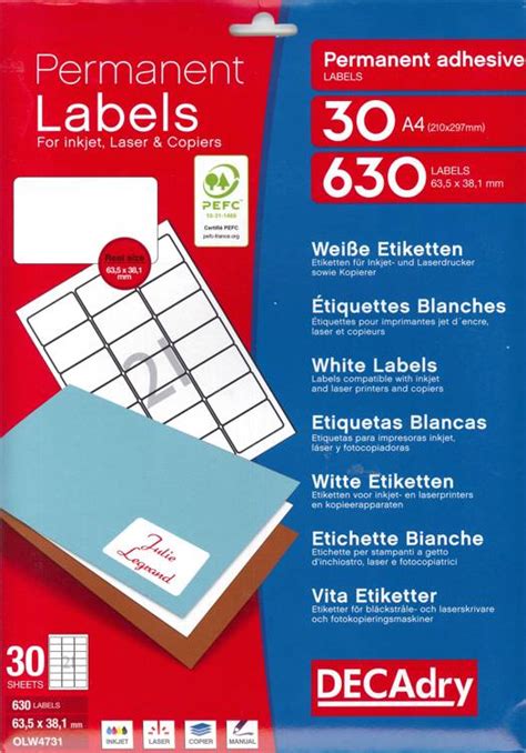 Decadry Pc Labels Etik 21bl 30bl 635x381mm Wit Standaard Boekhandel