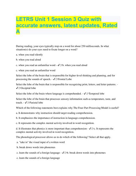 LETRS Units 1-4 Post-Test Exam With Verified Answers. LETRS-Language