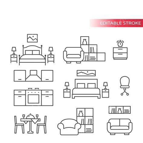Set Of Fine Line Icons For Interior Home Design Furniture Vector