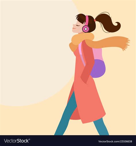 Woman Walking Listening To Music On Headphones Vector Image