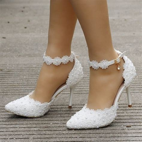 White Lace Wedding Shoes Women High Heels Thin Heels Pointed Toe Wedding Heels Wedding Shoes