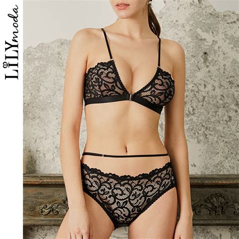 lilymoda new hollow out sexy lace bralette wire free bra brief sets lace up brassiere tempting