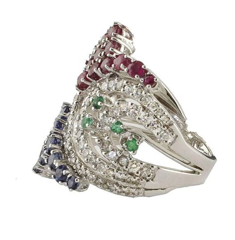 Rubies Sapphires Emeralds And Diamonds White Gold Band Ring For Sale At