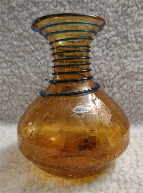 Mavin Vintage Blenko Crackle Glass Cobalt Applied Blue Coil On Amber Vase 8