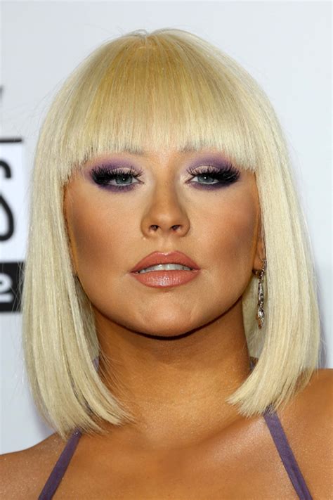 Christina Aguilera Straight Golden Blonde Blunt Bangs Bob Hairstyle