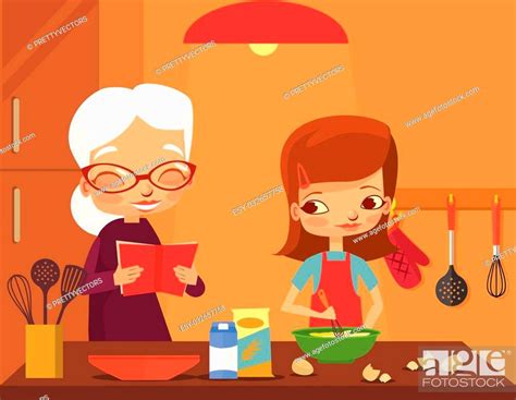 Grandmother And Granddaughter Cook Vector Flat Cartoon Illustration Stock Vector Vector And