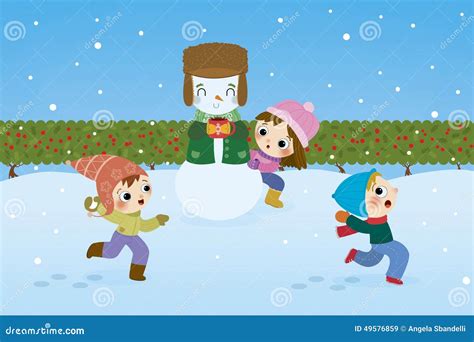 Cartoon Kids Playing In Snow