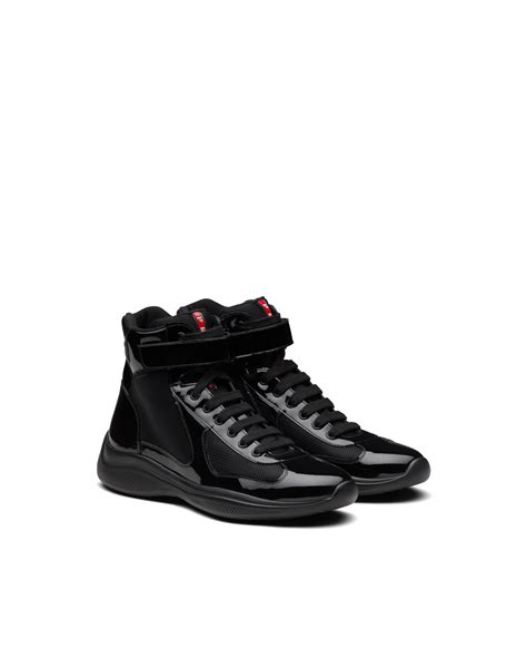 Patent Chic Prada America S Cup Men S Black Patent Leather High Top Sneakers Shoe Effect