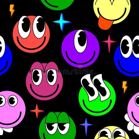 Smiley Faces Stickers Trippy Seamless Pattern Retro Trendy Background