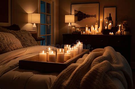 Cozy Room With Plush Blankets Warm Lighting And Candles Stock Photo