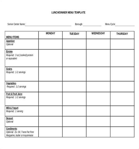 A Blank Lunch Menu Template For Students To Use In Their Class Or Workdays