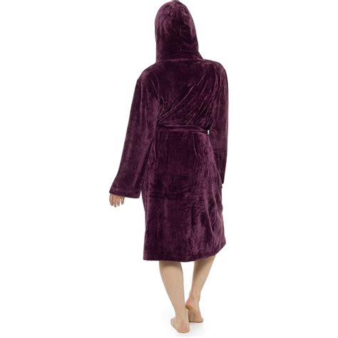 Ladies Luxurious Soft Dressing Gown Hooded Plain Fluffy Snuggle Fleece Warm Robe Ebay