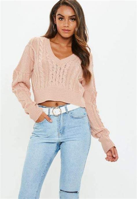 Missguided Pink V Neck Cable Knit Cropped Sweater Knitwear Women Sweaters For Women Knit Outfit