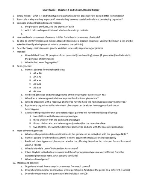Study Guide Chapters 5 And 6 Exam Honors Biology Binary