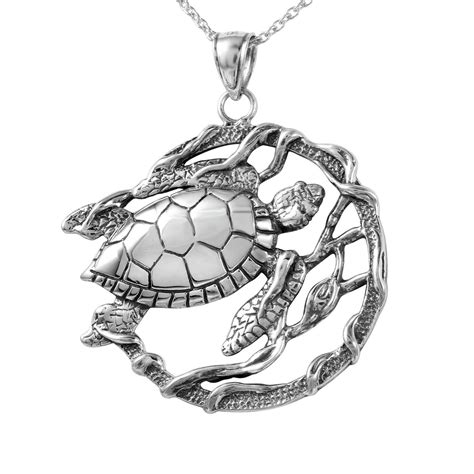 Sea Turtle Necklace Hand Crafted In 925 Sterling Silver Depicting Turtle Swimming Through Coral