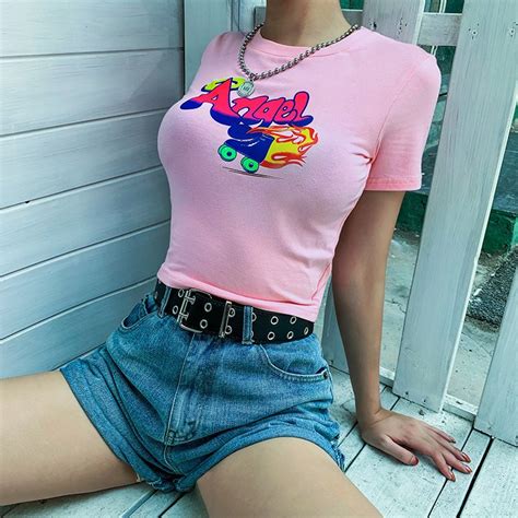 Angel Letter Print Pink Crop Tops Summer Women New 2020 Short Sleeve O Neck Skinny T Shirt L0237