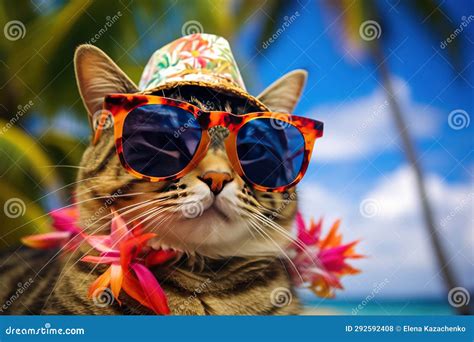 Cat Wearing Sunglasses And A Hat Enjoys Beach Vacation Stock Photo