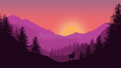Flat Illustration Mountain Sunset Landscape Realistic Pine Forest And