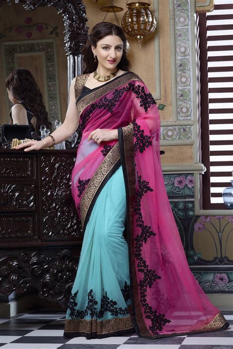 Navy blue and pink color combination saree. Buy Sky Blue and Pink embroidered Net saree with blouse Online