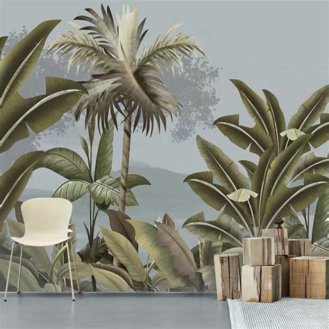 Custom Mural Wallpaper Retro Tropical Rainforest Leaves Bvm Home